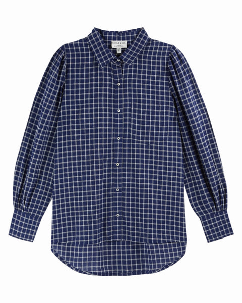 Khadi Bluse lang / Blau kariert